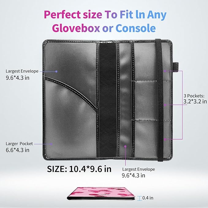 Car Registration and Insurance Card Holder - Pink Bows Cherries Leather Document Organizer & Bifold wallet for License, Insurance Cards | Fits Vehicle Glove Box & Visor