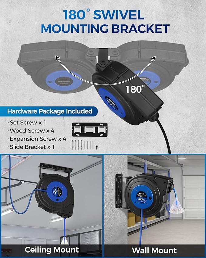 Retractable Extension Cord Reel, 40 FT Heavy Duty Power Cord, 12AWG/3C SJTOW, 3 Grounded Outlets Lighted Triple Tap, 15 Amp Circuit Breaker, UL Listed, Blue U40CR06