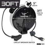 Iron Forge Cable 30 Ft Retractable Extension Cord Reel with Breaker Switch & 3 Outlets Pigtail, Metal Plate Ceiling/Wall Mount Hanging Extension Cord Reel 16/3 SJTW Retractable Cable for Garage & Shop