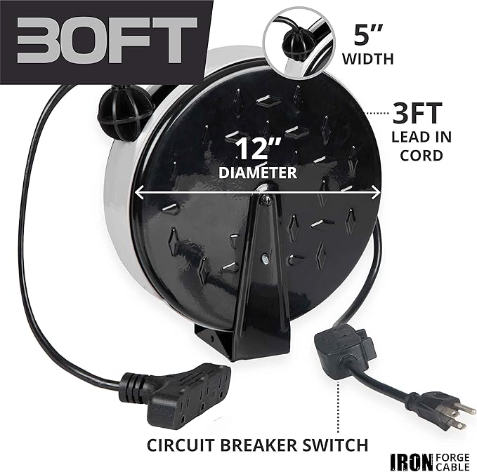 Iron Forge Cable 30 Ft Retractable Extension Cord Reel with Breaker Switch & 3 Outlets Pigtail, Metal Plate Ceiling/Wall Mount Hanging Extension Cord Reel 16/3 SJTW Retractable Cable for Garage & Shop