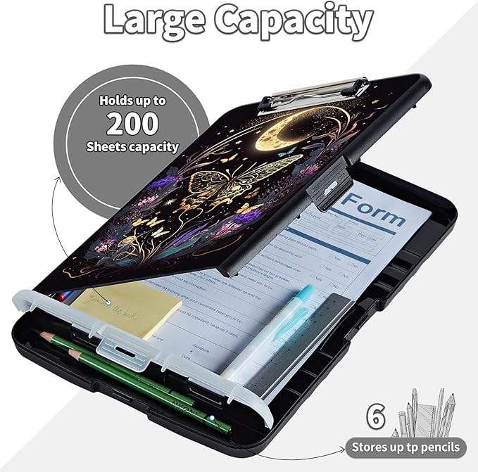 Clipboard with Storage,Clip Boards 8.5X11 with Storage & Pen Holder,Heavy Duty Plastic Nursing Clipboards Foldable,Coaches Clipboard Folder Case,School Office Supplies，Butterfly Flowers & Gold Moon