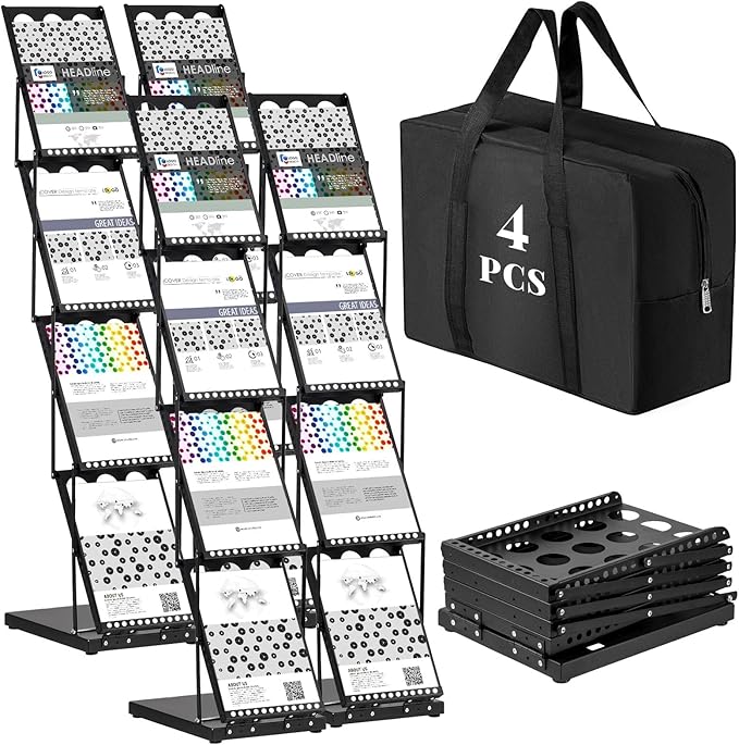 Tatuo 4 Pieces Foldable Magazine Rack Metal Catalog Literature Rack Portable 4 Pockets with Carrying Bag Brochure Stand Literature Display Holder Stand for Exhibition Trade Show