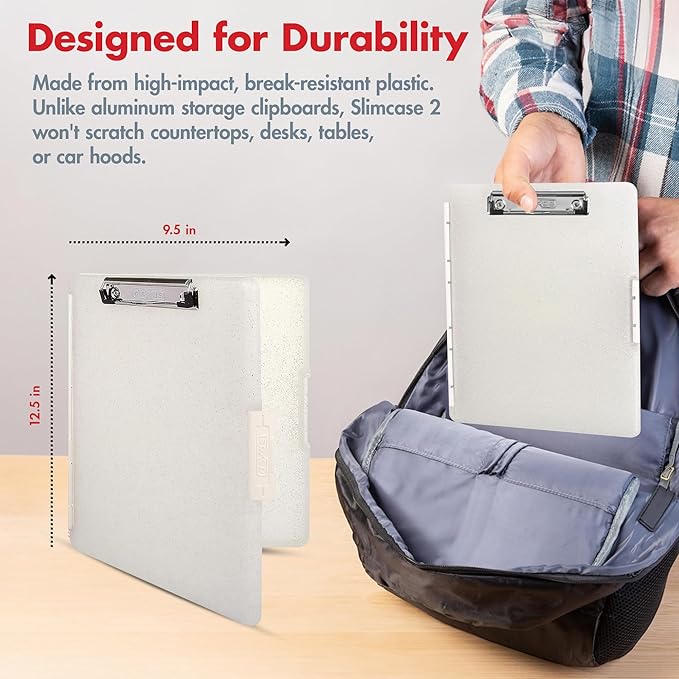 Dexas Slimcase 2 Plastic Clipboard with Storage and Side Opening, Natural Glitter White Binding, Office Supplies Clipboards to Organize, Carry and Store, A4 Holder, Nursing Clipboards