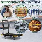Medium-Duty Foldable Platform Cart with 4 Wheels & 1323LB Capacity - 2 Swivel & 2 Fixed Wheels, Compact Push Cart Dolly Black Plastic Trolley, 5-Inch Wheels, Spare Tire & Anti-Collision Corners