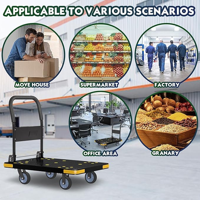 Medium-Duty Foldable Platform Cart with 4 Wheels & 1323LB Capacity - 2 Swivel & 2 Fixed Wheels, Compact Push Cart Dolly Black Plastic Trolley, 5-Inch Wheels, Spare Tire & Anti-Collision Corners