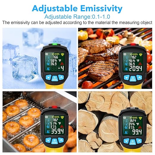 Infrared Thermometer Gun, TEMIRUP Non Contact Digital Laser Temperature Gun with K-Probe for Industrial, Cooking, Griddle,Engine, HVAC, Humidity,Adjustable Emissivity -58°F to 1472°F(-50~800°C)
