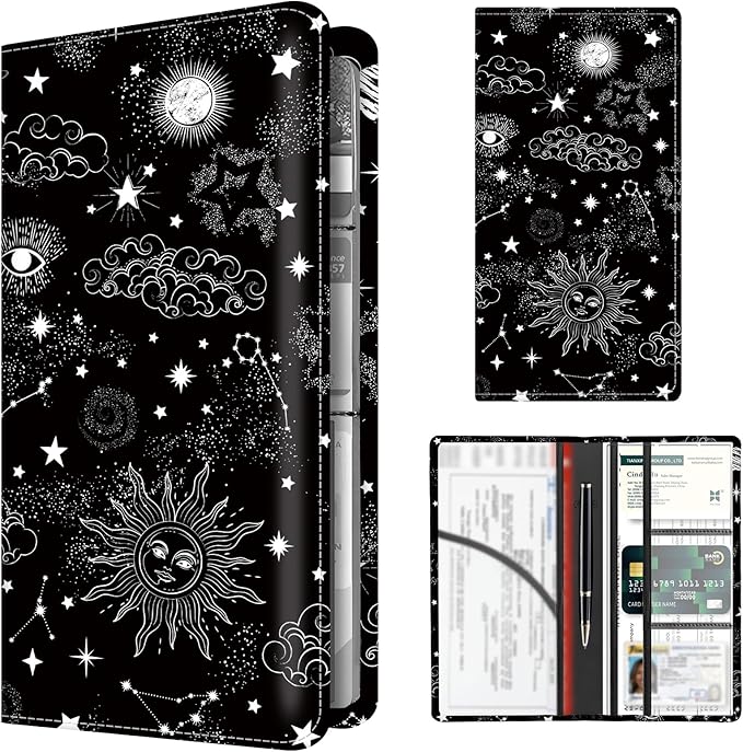 Premium Car Registration and Insurance Card Holder, Cute PU Leather Car Document Holder, Vehicle Glove Box Car Organizer with Magnetic Closure for Driver License, Cards Black Celestial Sky