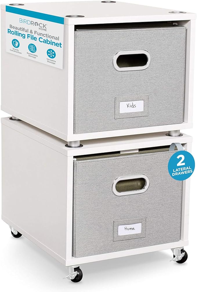 BIRDROCK HOME Rolling File Cabinet – Decorative Storage Shelf w/Removable Bins, Handles, and Wheels – Organize Files, Books, Toys, Under Desk Office Solution, Modern Design - 2 Lateral Drawers, White