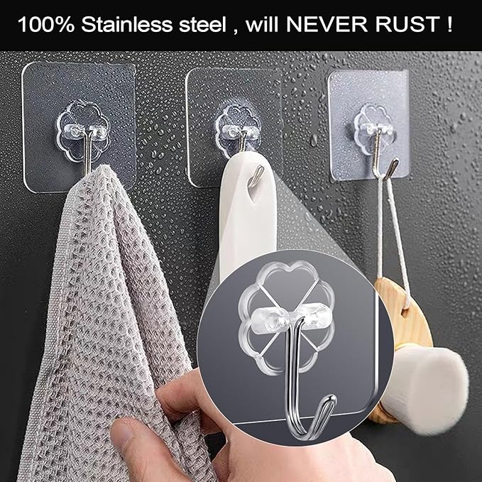 ZESLMG Heavy Duty Sticky Wall Hooks for Hanging, 36 Pack Self Adhesive Hooks 44lb Clear, Removable Large Shower Hook No Damage for Towel Key Coat Picture Wreath Outdoor Bathroom Kitchen, Waterproof