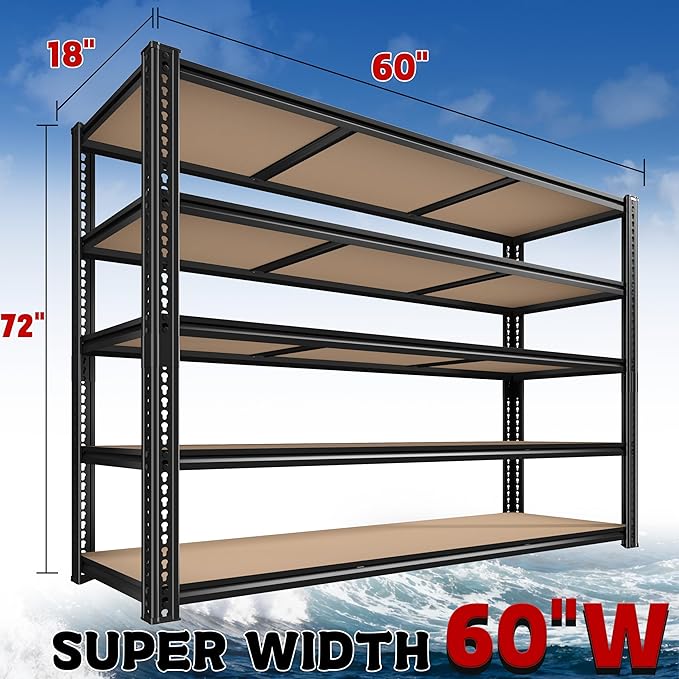 60" W Garage Shelving 72" H Metal Shelving 3500LBS Storage Shelves Heavy Duty 5 Tier Adjustable Shelving Unit for Storage Rack Pantry Shelf Commercial,60" W x 18" D x 72" H