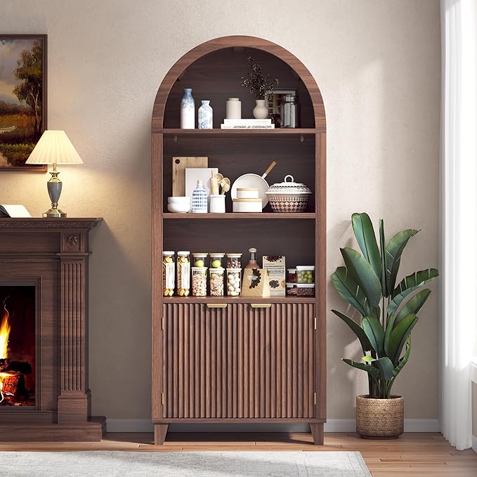 Arched Kitchen Pantry, 5-Tier Arched Cabinet with Fluted Doors, Storage Cabinet with Open & Adjustable Shelves, Versatile Cupboard for Dining Room, Living Room, Walnut