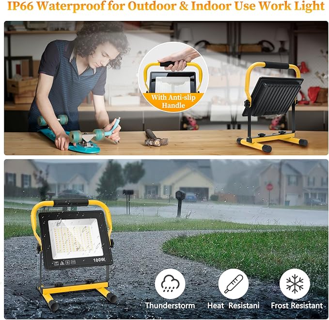 100W Led Work Light, 3000K/5000K/6500K Selectable Work Light, 10000LM Portable Work Lights with 16.4FT Cord, IP66 Waterproof for Outdoor Indoor Job Site Workshop Flood Lights, Gifts for Him