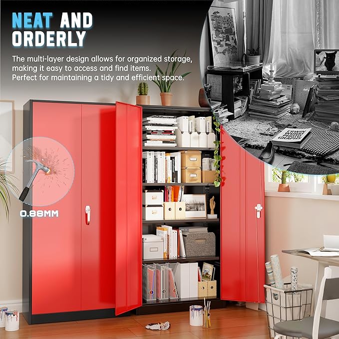 Superday Metal Storage Cabinet with Lock, 72" H Garage Storage Cabinet with Doors and 4 Adjustable Shelves,Black Red Steel Locking Cabinets for Office, Home, Garage, Gym, School