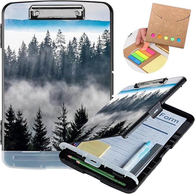 Clipboard with Storage,Heavy Duty Plastic Storage Clipboard with Low Profile Clip,Teacher Must Haves,Office Supplies,Nature Mountain Forest