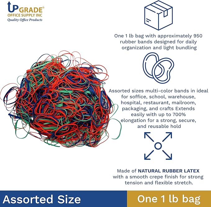 Upgrade Rubber Bands, Assorted Sizes & Colors, 1 lb Bag, USA