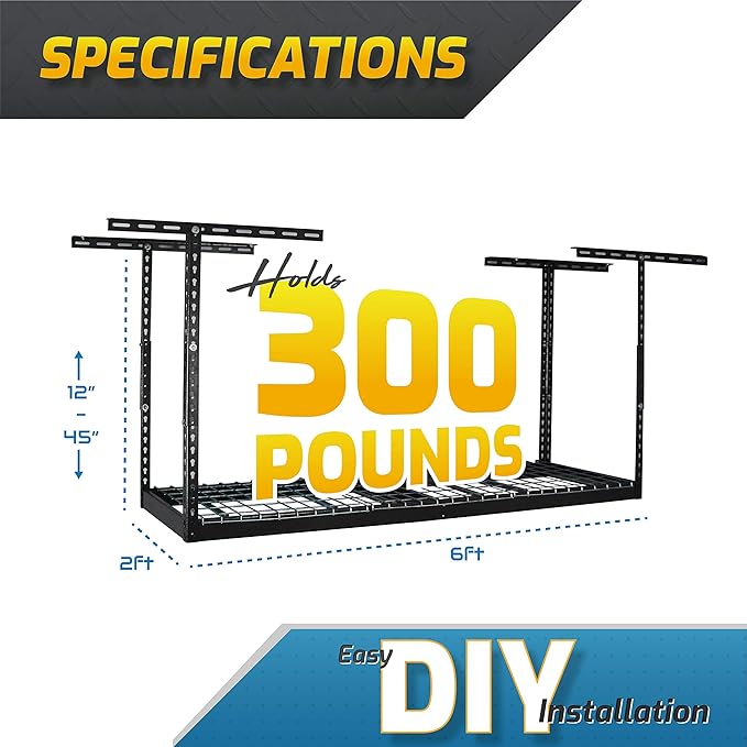 MonsterRax Overhead Garage Storage Rack 2 x 6 Ceiling Rack for Garage Shelving, Organization, & Storage, Adjustable Hanging Storage for Bikes, Equipment & Bins (Hammertone, 24"- 45" Ceiling Drop)