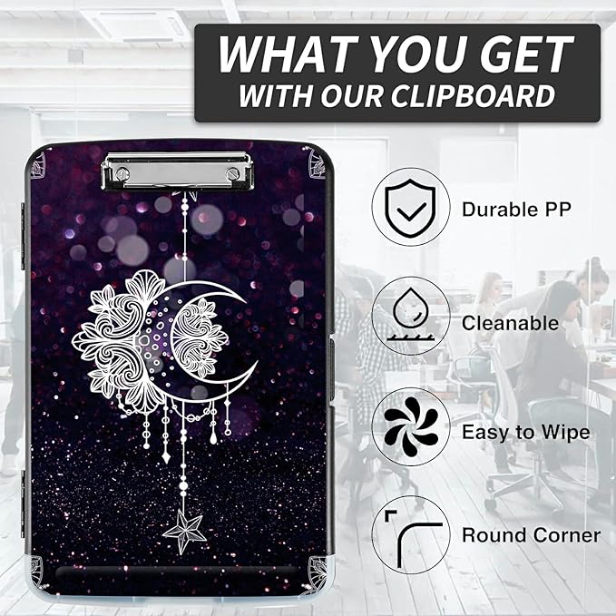 File Clipboard Storage with Pen Holder High Capacity Plastic Nursing Clipboards File Folder Storage Box Clipboard with Heavy Duty Clips for Teacher,Doctor,Offices-Moonflower