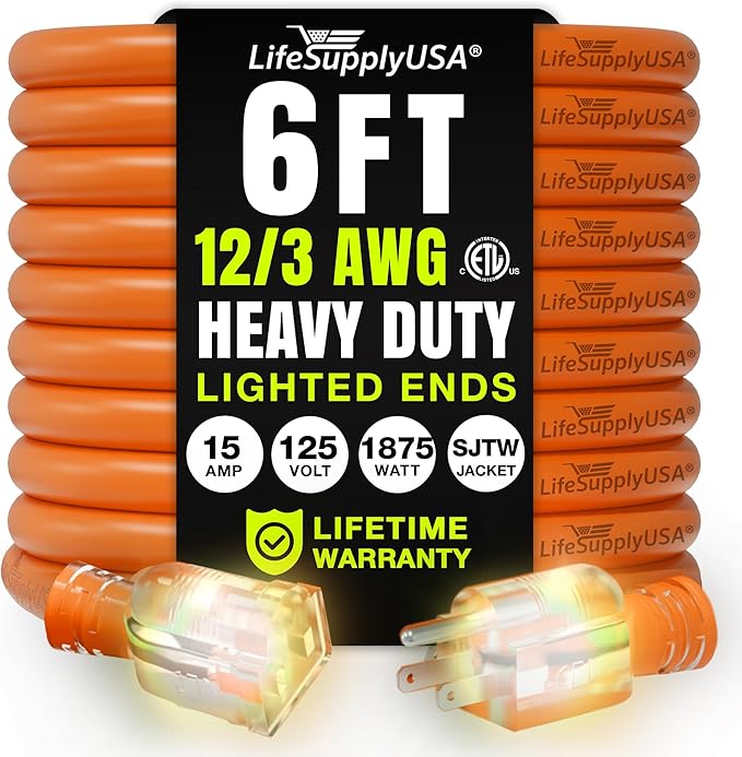 6ft Outdoor/Indoor Extension Cord 12/3 Gauge Extra Heavy Duty 3 Prong SJTW, Waterproof, ETL Listed, Flexible Cold-Resistant Long Power Cord,15A 125V 1875W, Orange by LifeSupplyUSA