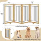 Wire Dog Gate Solid Wood Frame, Anti-Chewing, 4-Panel, 36" Height, 80" Width, Indoor Freestanding Pet Gate Foldable Wooden Dog Fences for Stairs, House, Doorway, Oak Color