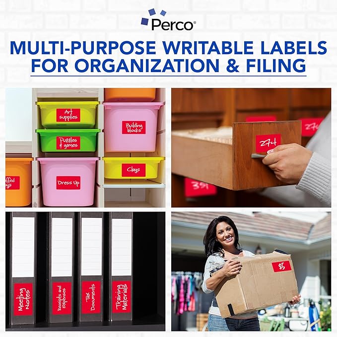 Perco Red 3x5 Inch Perforated Sticker Labels — 150 Stickers Per Roll — with Permanent Adhesive for Inventory Management, Color Coding, Moving Boxes, Retail, Organizing, Crafting & More — Made in USA