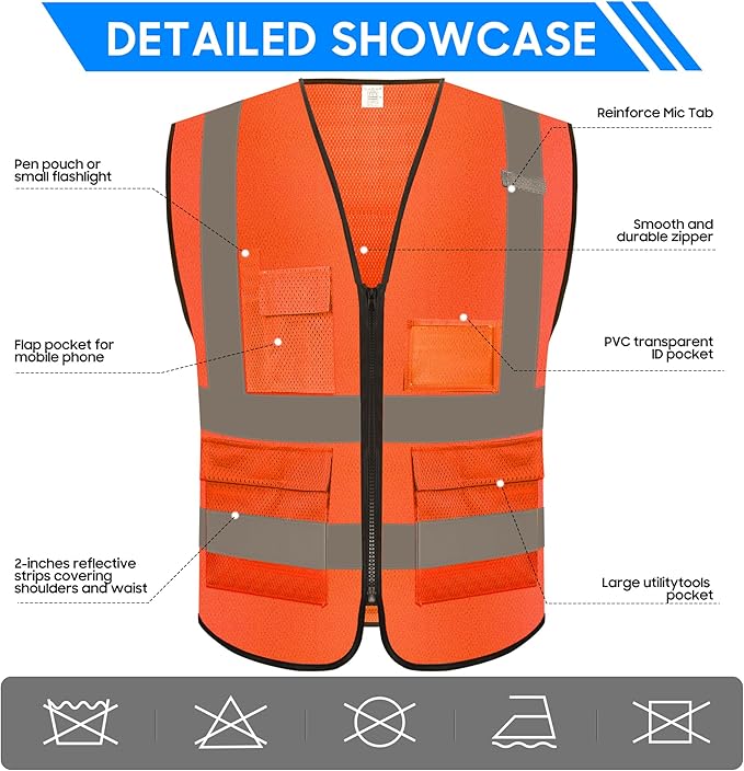Reflective Safety Vest for Men Women with 5 Pockets and Zipper Front High Visibility