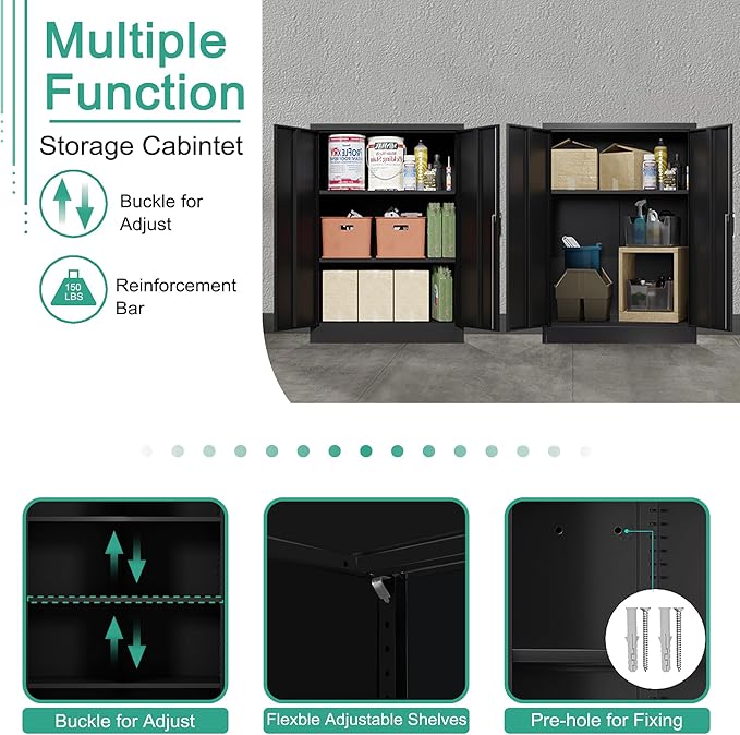 Locking Garage Storage Cabinet with Door, Black Metal Wall Cabinet with Shelves, Small File Cabinet for Home, Office, School, 41.6''H× 36 ''W ×18''D, Assembly Required