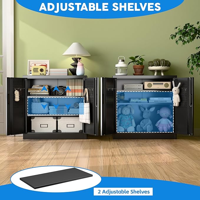 Metal Storage Cabinet, Garage Storage Cabinet with 2 Lockable Doors and 2 Adjustable Shelves, Steel File Cabinets with Lock and Pegboard for Home, School, Office, Garage, Black
