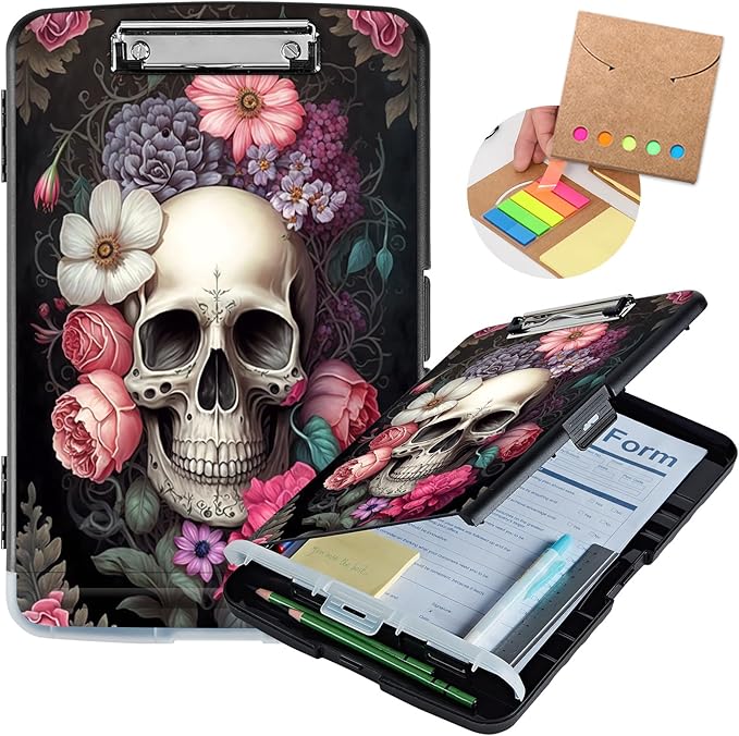 Clipboard with Storage,Heavy Duty Plastic Storage Clipboard with Low Profile Clip,Teacher Must Haves,Office Supplies,Rose Flower Skull