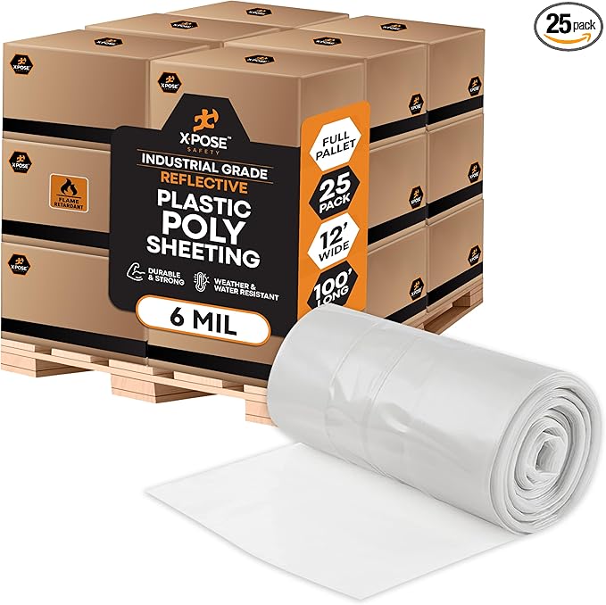 Xpose Safety Clear Plastic Sheeting (Bulk Half Pallet 25 Pack) – 12' x 100' Rolls – Heavy Duty 6 Mil Fire Retardant Poly Sheet – Waterproof, Dustproof, Vapor Barrier – Construction,Painting,Industrial