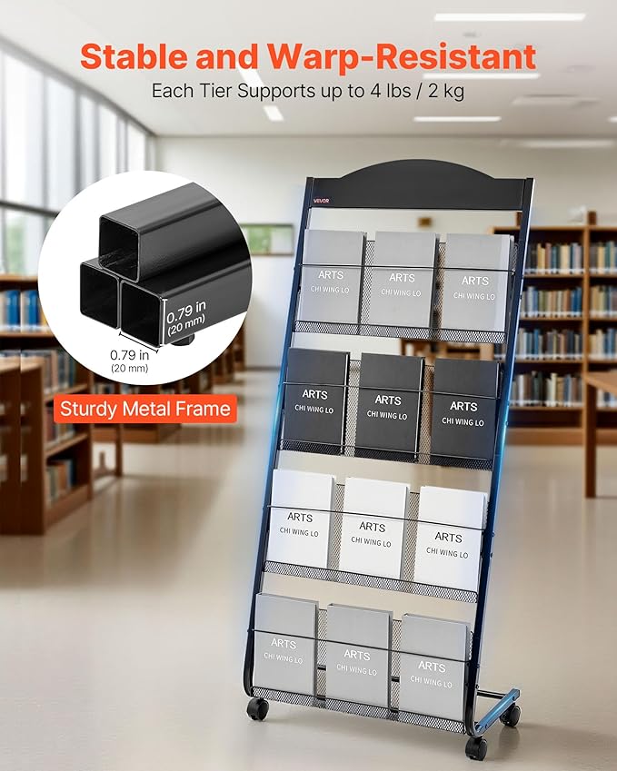 VEVOR Brochure Display Rack, 4-Tier Magazine Literature Display Stand with Wheels, Movable Floor Standing Magazine Rack, Heavy Duty Newspaper Catalog Holders for Shop Exhibitions Office Craft Fairs