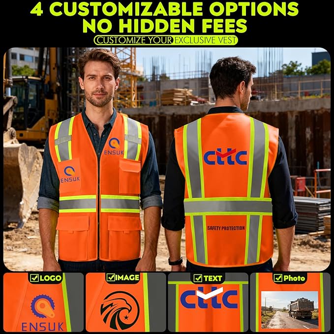 BeautyWill 10/20 Pack Custom Logo Safety Vest,Bulk High Visibility Class 2 Reflective Work Vests