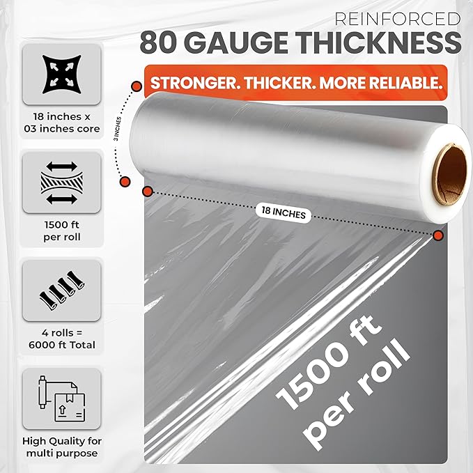 Heavy Duty 18" Shrink Wrap Roll – Clear Stretch Wrap for Moving & Packing | 7 Layer 80 Gauge Industrial Strength 1500 Ft Length 20 Micron Thick Up to 800% Stretch | Box of 4 Rolls