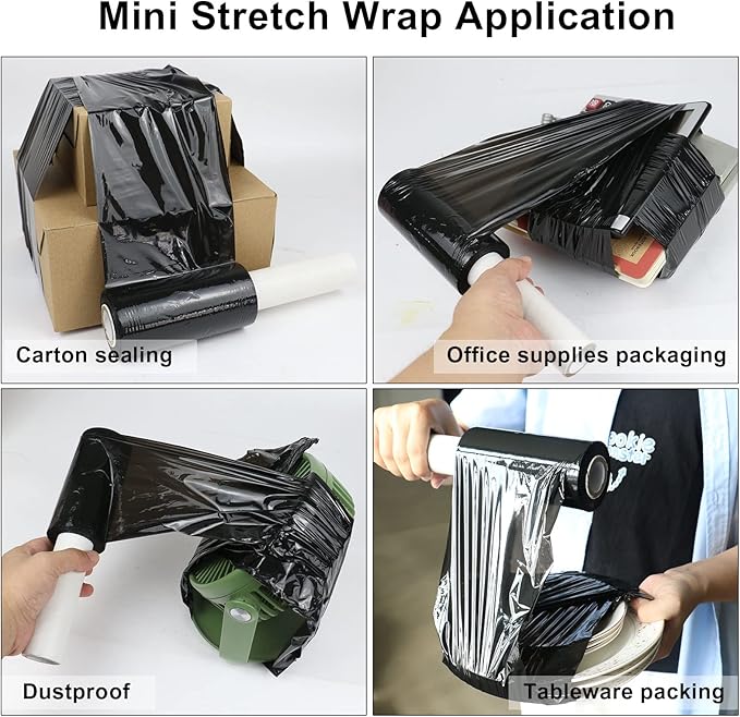BOMEI PACK1 Roll Industrial Black Mini Stretch Wrap Roll with Handle 5" x 1000Feet 80 Gauge, Heavy Duty Durable Self-Adhering Plastic Wrap for Packing, Moving