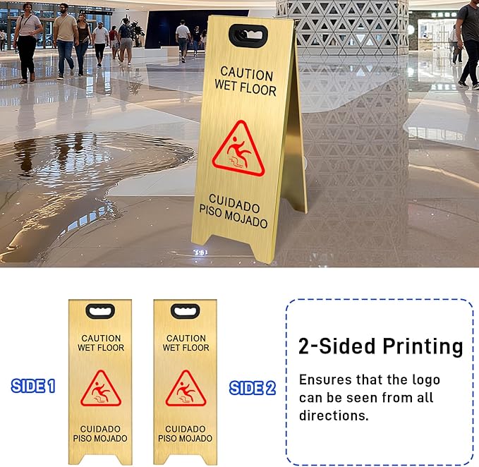 2 Pack Stainless Steel Wet Floor Sign, 24 Inch Caution Wet Floor Sign Portable Foldable Bilingual Safety Warning for Hotel Market Restroom Restaurant Office (Gold)