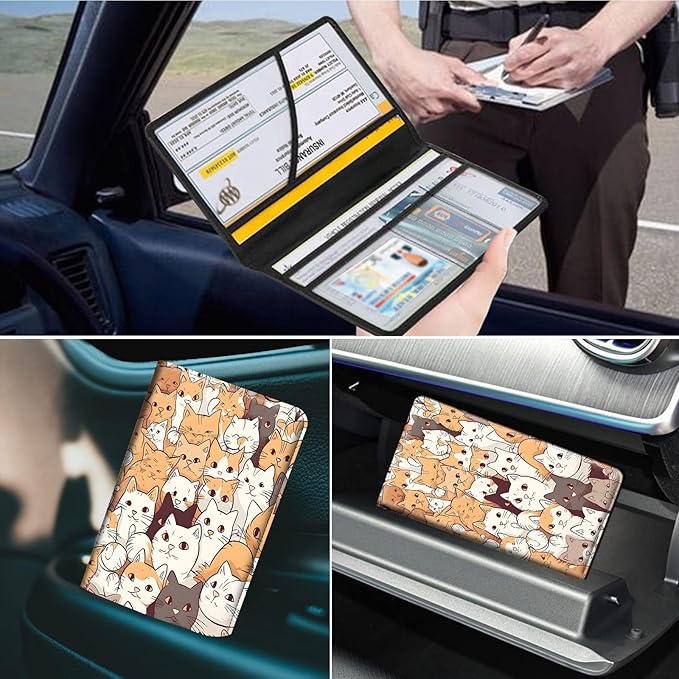 Car Registration and Insurance Holder, Leather Car Glove Box Organizer, Cool Car Accessories for ID, Driver's License Cards & Essential Document,business cards,Men&Women,Cute Funny Cats
