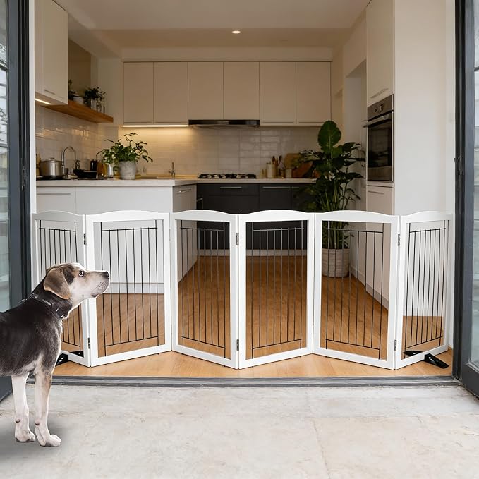 Dog Fence Indoor - 6-Panel Freestanding Dog Gate for Doorways, Hallways, House or Stairs -120x32-Inch Retractable Foldable Expandable Wood Pet by SFJC (White)