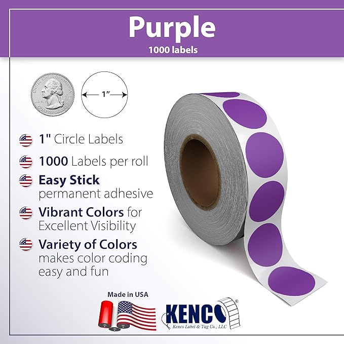 Kenco Color Coding Circle Dot Sticker Labels on a roll (Purple, 1 INCH 1000 Stickers)
