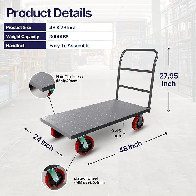 5Seconds Flatbed Platform Cart Industrial Dolly Heavy Duty 48” x 24” Platform Hand Push Truck Super Heavy Duty Diamond Plate Flatbed Cart with 3000Lb Capacity 8'' Swivel Wheels with Lock
