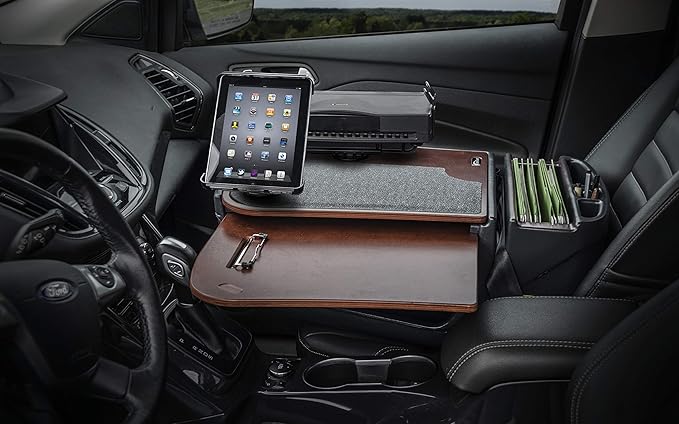 AutoExec AE-GMCD-PI-TAB-PS-21M GripMaster Car Desk for Your Vehicle Workstation and Mobile Office, Mahogany with 400 watt Power Inverter, Tablet Mount and Printer Stand