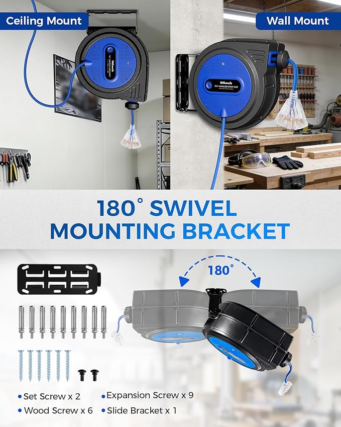 75 FT Retractable Extension Cord Reel, Heavy Duty Extension Cord, 14AWG/3C SJTOW, 3 Grounded Outlets Lighted Triple Tap, 10A Circuit Breaker, Wall/Ceiling Mounted, ETL Listed, Blue U75ACR06