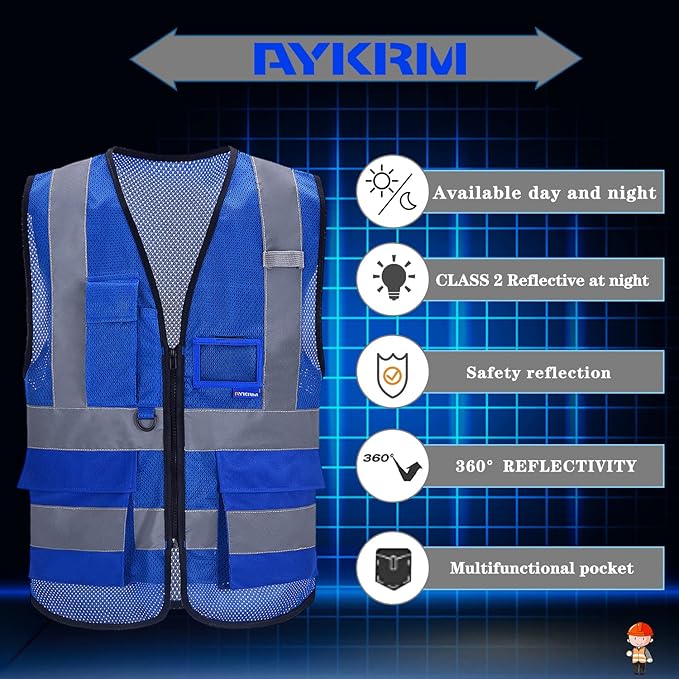 A-SAFETY High Visibility Mesh Safety Reflective Vest with Pockets and Zipper,Hi Viz Work Vest for Men Women (Blue Mesh M)