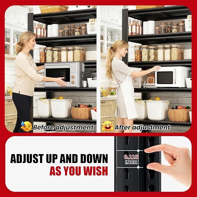 72" H Garage Shelving, Metal Storage Shelves, Adjustable 5 Tier Storage Rack, Heavy Duty Shelving, Industrial Utility Shelf for Garage, Warehouse, Bedroom, Kitchen,16" D×36" W×72" H, Black
