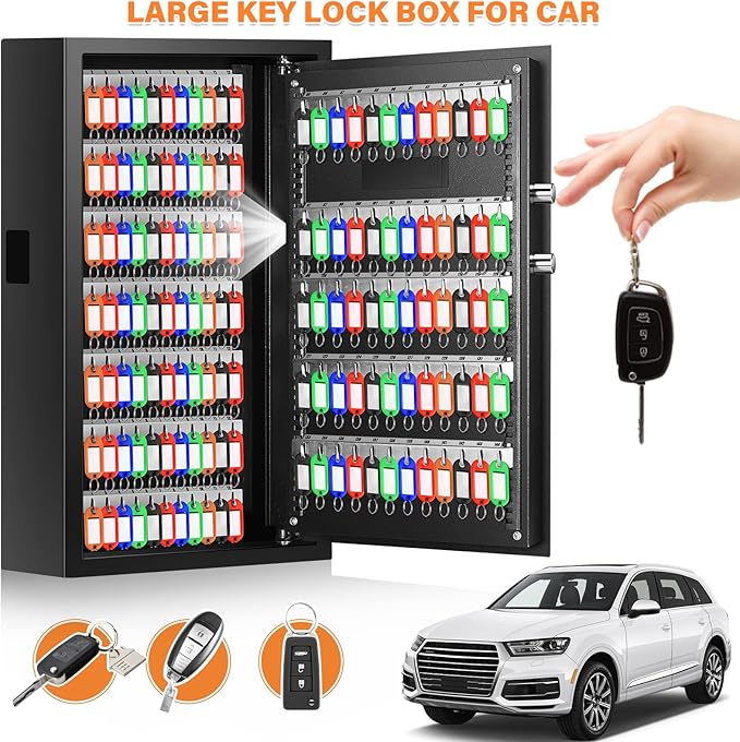 144 Keys Fireproof Key Cabinet, Anti-Theft Heavy Duty Key Lock Box with Key Tags, Adjustable Key Organizer Wall Safe with Combination Lock for Car Office House Garage Rental Business