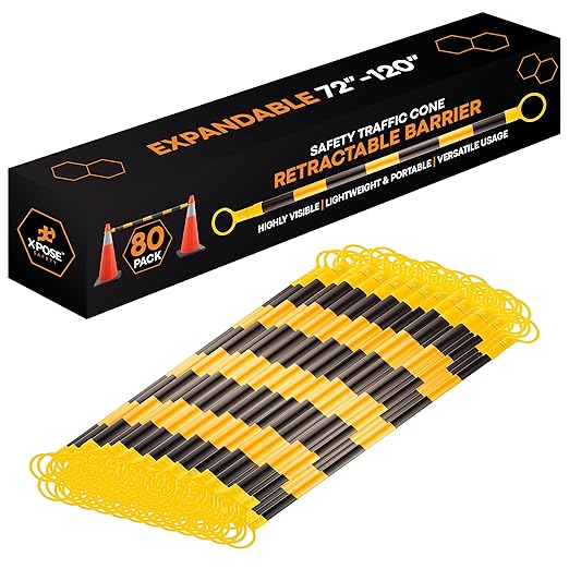 Retractable Barrier for Safety Traffic Cones - 2" OD - Large Yellow and Black Bar Barricade - for Road Construction, Parking, Warning, Temporary Security Divider (80, Yellow & Black, 72" x 120")