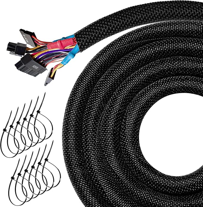 10FT Split Cable Management Sleeve Wire Loom Tubing Cord Protector for High-Temperature Automotive Harness Wires and Home Cable Management,Self-Wrapping Braided Cord Covers (1/2 Inch)