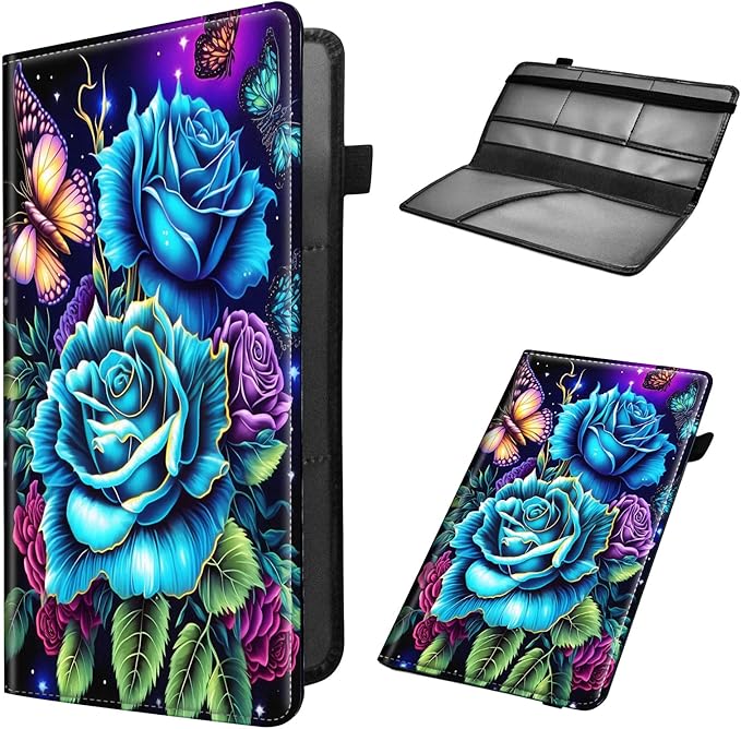 Car Registration and Insurance Holder, Leather Car Glove Box Organizer, Cool Car Accessories for ID, Driver's License Cards & Essential Document,business cards,Men&WomenRose Flowers Butterfly