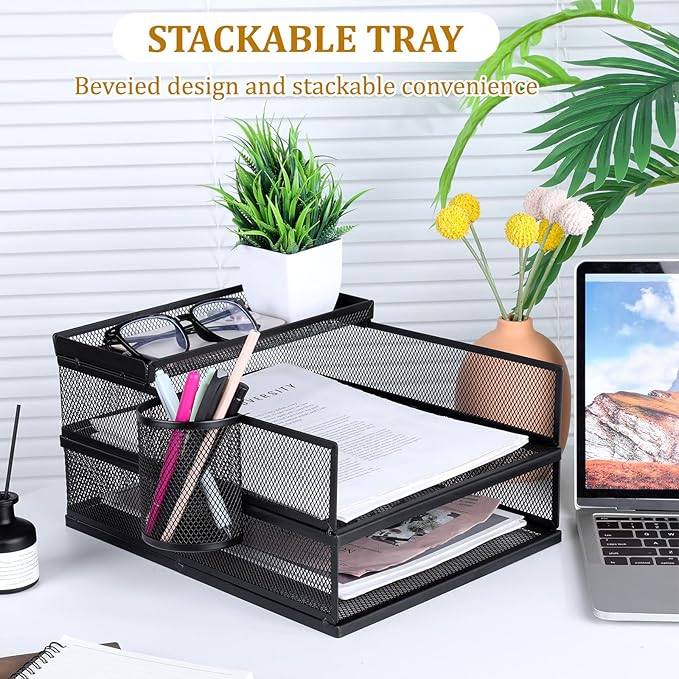 Black Metal Letter Tray Set, 3 Pcs Mesh Office Desk Drawer Organizer Tray with 1 Pcs Black Wire Mesh Pencil Cup Holder, Front Load File Paper Holder for Desk Office(Pack 4)