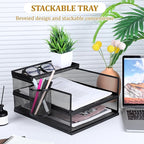 Black Metal Letter Tray Set, 3 Pcs Mesh Office Desk Drawer Organizer Tray with 1 Pcs Black Wire Mesh Pencil Cup Holder, Front Load File Paper Holder for Desk Office(Pack 4)