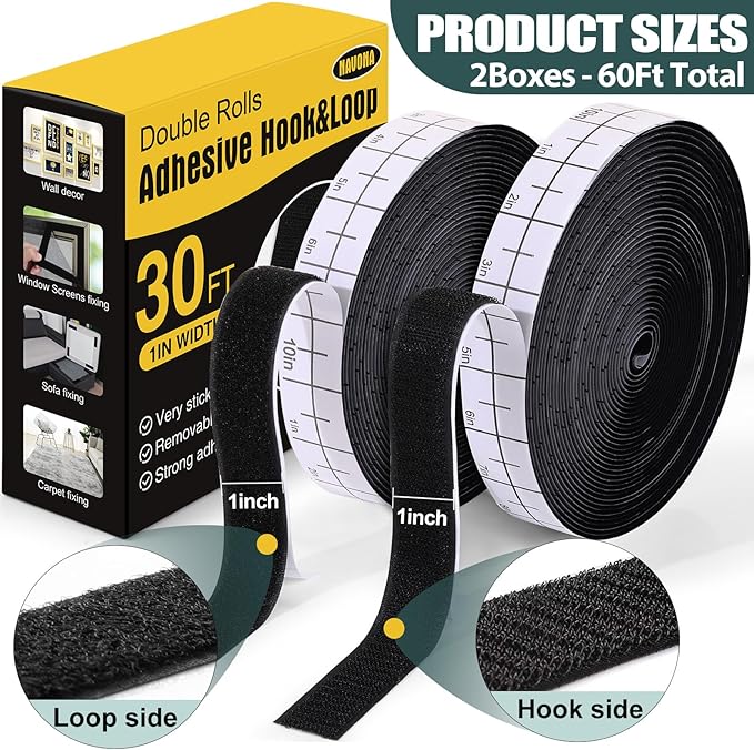 Navona 2 Boxes Heavy Duty Hook and Loop Strips with Adhesive, 60Ft Total x 1 Inch Hook and Loop Tape with Backing for Home, Office, School, and Crafting Projects, Black