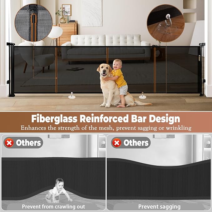 120" Retractable Baby Gate Extra Wide, 41" Tall Retractable Dog Gate for Stairs, Doorways, Decks, Mesh Gate Long Child Gate Pet Gate for Indoor, Outdoor, with Reinforced Mesh Rods, Dual Locks